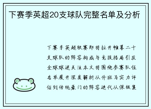 下赛季英超20支球队完整名单及分析